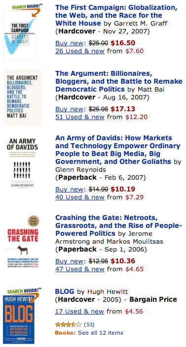 Political blog books by Garrett Graff, Matt Bai, Glenn Reynolds, Markos Moulitsas, Jerome Armstrong and Hugh Hewitt