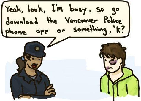 A phone app actually illustrated this for me. Cool, huh? A police woman says she's too busy to help an obvious assault, suggesting the victim download the Police phone app.
