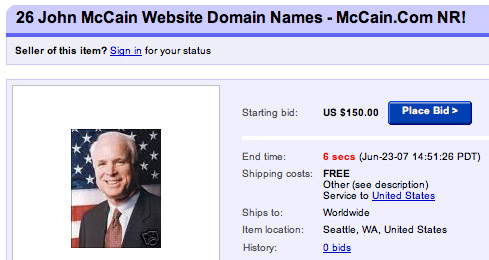 Final seconds of 26 John McCain Domains Up for Auction on eBay