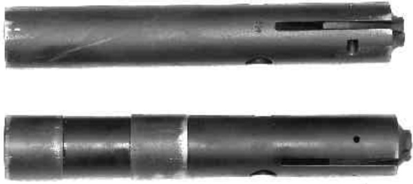 Above: Side view of an original Smith & Wesson Model 76 bolt (top) and a bolt from the SW 76.  Note the raised bearing surfaces on the lower bolt, and the different extractor positions.