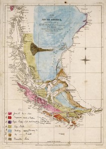 Darwin's hand-tinted geological map of southern South America, made during the <em>Beagle</em> voyage.