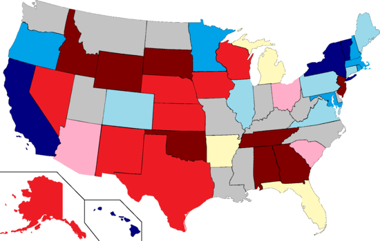United States map shaded to show Daily Kos Elections' initial gubernatorial race ratings for 2013-14