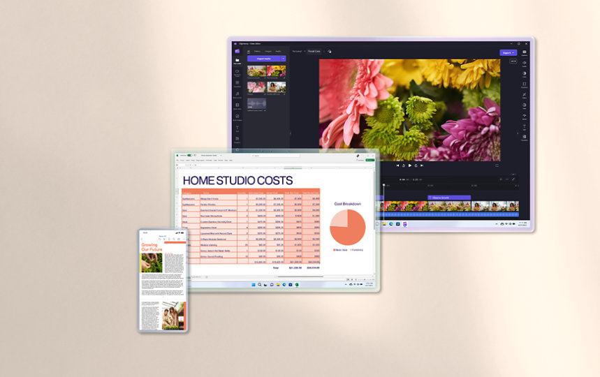 Apps, such as Clipchamp and Excel, open in various windows, representing some of the apps available with a Microsoft Family subscription.