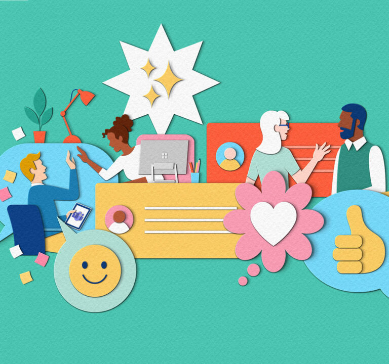 Cartoon images of four people in an office setting along with icons of office work