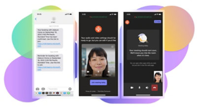 Three mobile displays of a user checking their audio and video settings, text reminders for an appointment, and a meeting lobby.