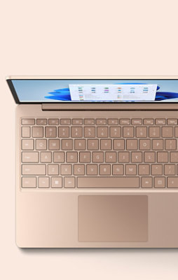 Surface Laptop Go 2 in Sandstone from above showcasing the keyboard.