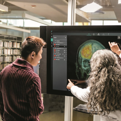 Two people having a conversation and viewing brain scans on a large screen