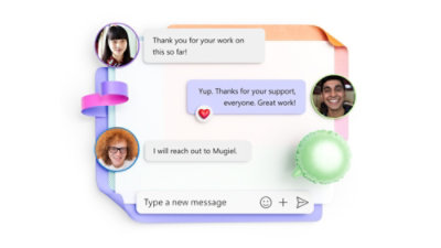 A desktop display of a Teams video call with a presentation and text chat being displayed and a mobile display of a person’s chat profile in Teams.
