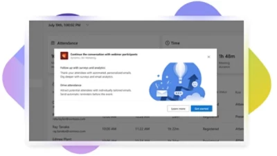 A pop-up prompting a user to continue the conversation with webinar participants