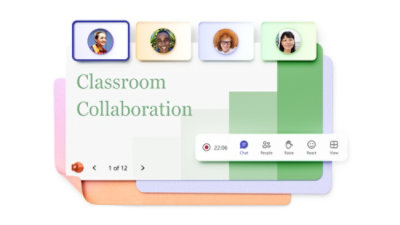 A desktop display of a Teams video call in together mode and a mobile display of another Teams video call.