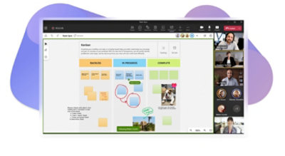 A Kanban board being presented via Whiteboard in Teams to meeting participants. Multiple participants are collaborating directly in the board with pointer allocation.