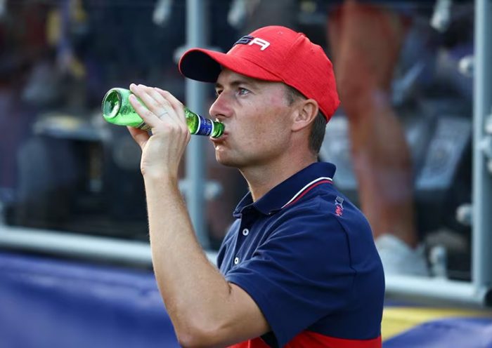 Team USA's Jordan Spieth has a drink after Team Europe win the Ryder Cup REUTERS/Carl Recine/ File photo