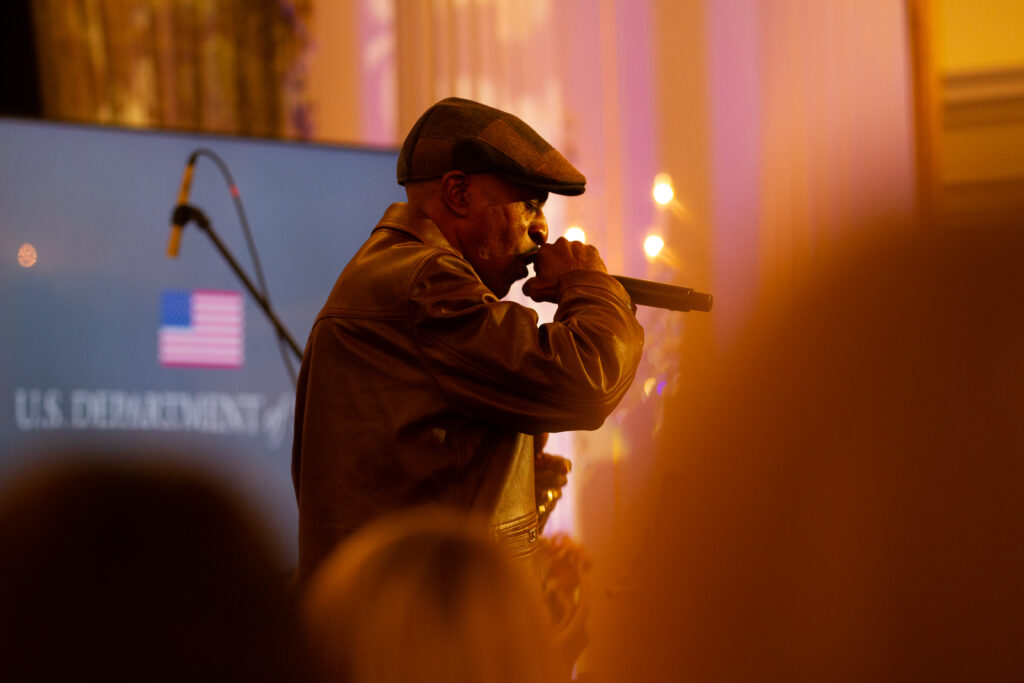 Hip Hop Artist Rakim performs onstage during the launch of the Global Music Diplomacy Initiative at the Department of State on September 27, 2023, in Washington, D.C.