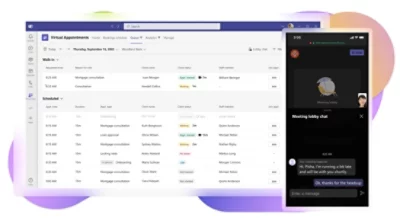 A desktop display of walk-in and scheduled virtual appointments in Teams Premium and a mobile display of a virtual appointment being joined.