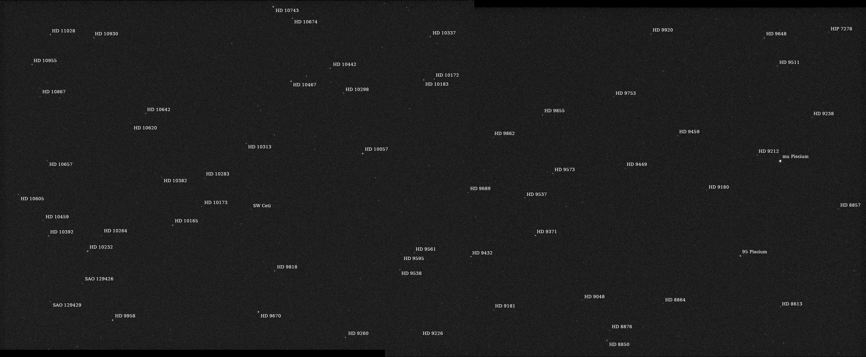 Psyche’s “first light” images make up this annotated mosaic showing a starfield in the constellation Pisces.