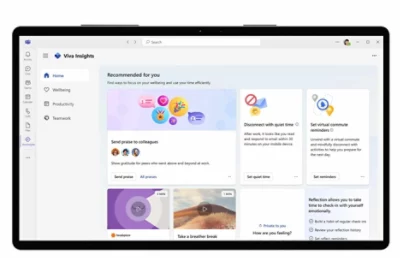 The Home, My Team, and My Org tabs being opened in Viva Insights.