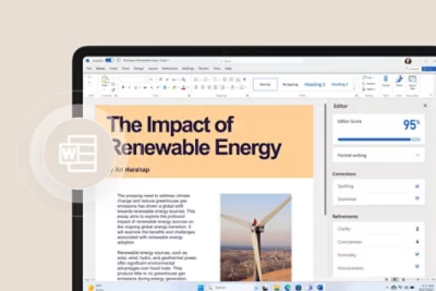 Partial view of Surface Laptop Go 3 with an AI-enhanced Microsoft 365 screen and a Microsoft Word icon floating above the device.