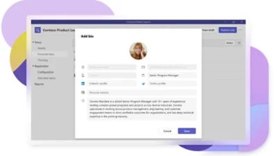 A presenter bio being added to an event in Teams