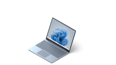 Ice Blue Surface Laptop Go 3 front angle view with bloom screen