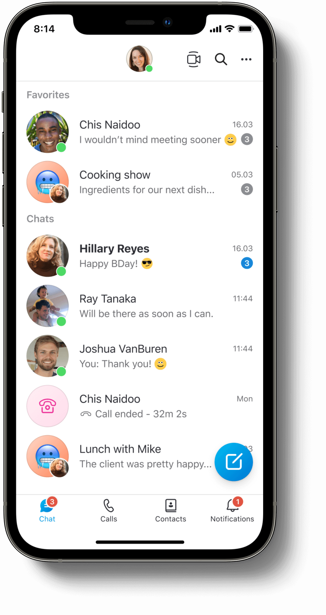 Aplicação Skype para dispositivos móveis com mensagens e um botão flutuante.