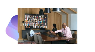 Three people in a meeting on a Teams Rooms video call.