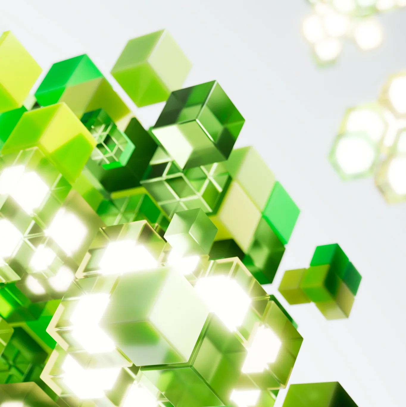 A close-up image of a digitally designed series of cubes that range from colorless to glowing vibrant shades of green. This visual represents how an idea ignites the potential of AI to contribute to human flourishing, magnifying endless possibilities in this rapid revolution.