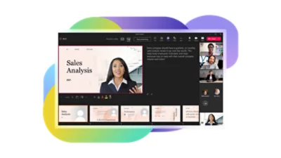 A Sales Analysis presentation being given over a Teams video call where the presenter’s video is integrated into the presentation.