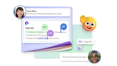 A Teams video call where a presentation on storytelling is being given and a mobile display of chat conversations in Teams.