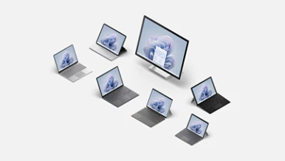 The family of Surface devices from the desktop Surface Studio to the Surface Go 3 tablet.