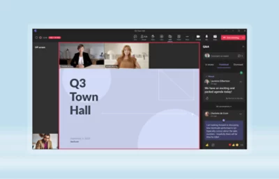 A virtual q3 town hall meeting being conducted with participants and a presentation on screen.