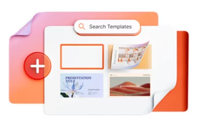 A digital interface displaying a search bar labeled "Search Templates," and various presentation templates with a plus button on the side.