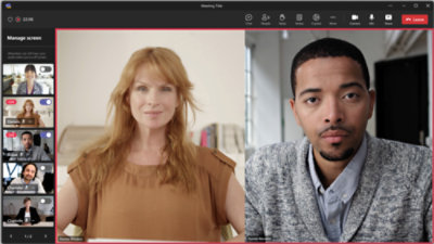 A video conference with two main participants featured, surrounded by smaller video feeds of other participants below