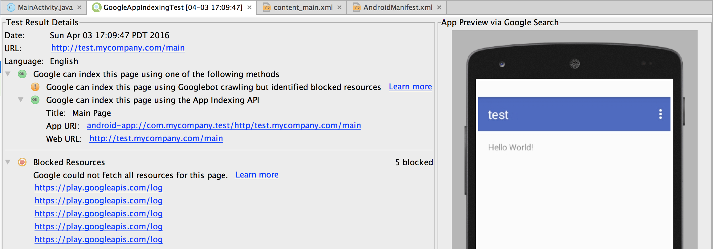 Google App Indexing Test results