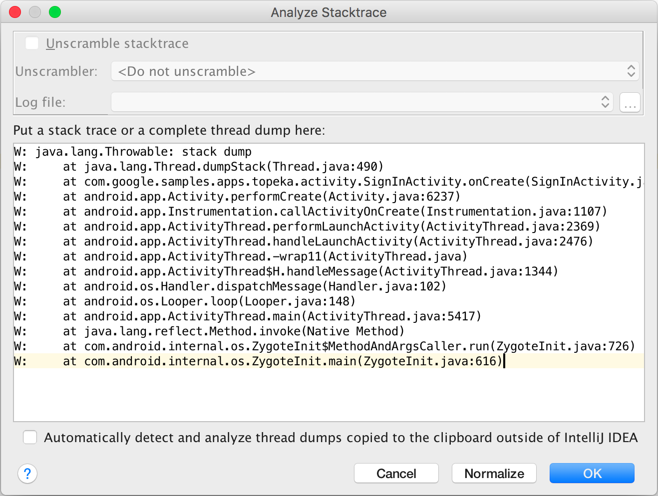 Analyze Stacktrace window