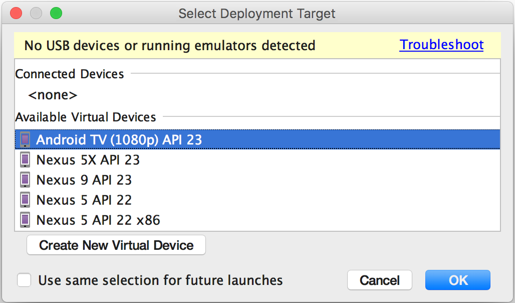 Select Deployment Target dialog