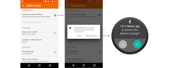 The phone app sends the user to the wearable to grant permission.