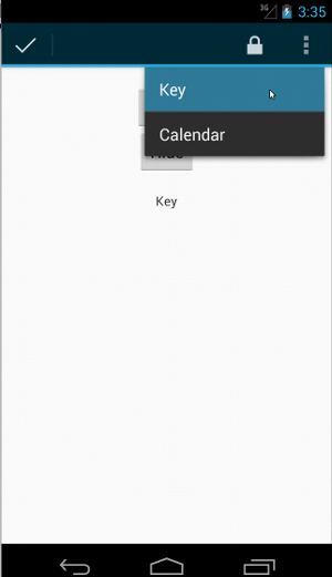 The overflow menu button appears in the action bar, and the list of
options appear underneath the action bar, near the top of the screen