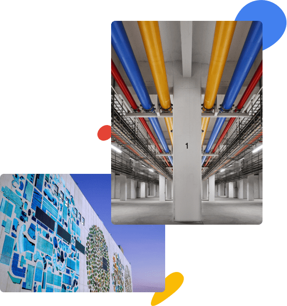 Indoor shot of data center with red, yellow, and blue pipes along the
                            ceiling. Brightly colored mosiac on the outside of modern building.
