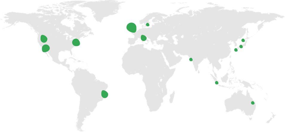 World map with green dots depiciting regional centers and global coverage.