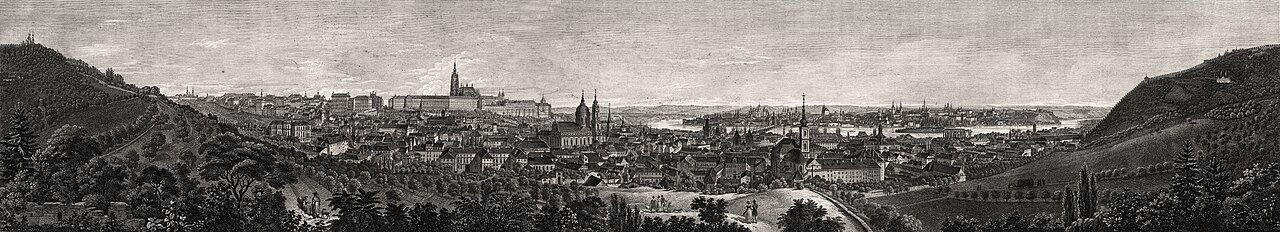 Panorama Prahy z Schönbornské zahrady okolo roku 1835. Dle kresby českého krajináře a vedutisty Vincence Morstadta vyryl Friedrich Geissler.
