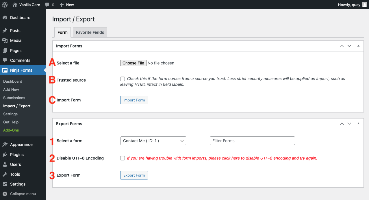image of the import export page with highlighted options for import (a-c) and export (1-3)