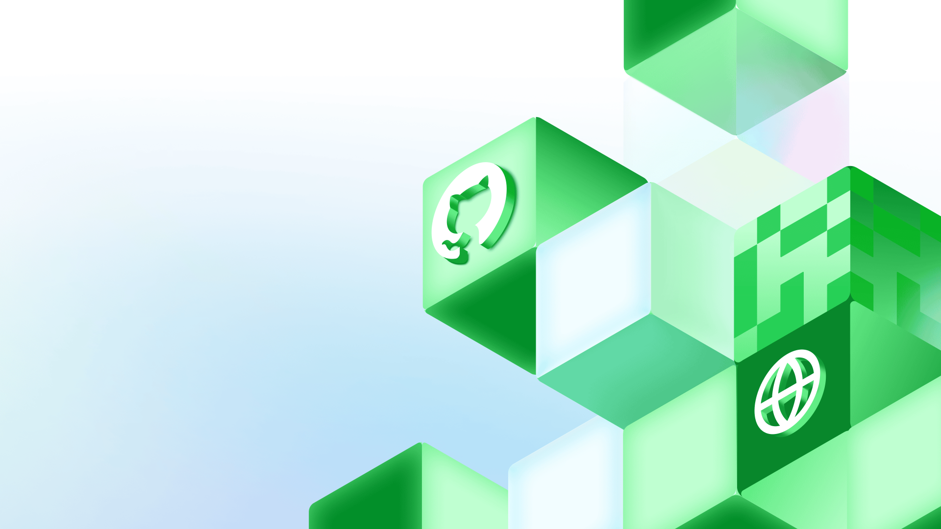 Geometric blocks featuring the GitHub invertocat logo and a web icon in a decorative background.