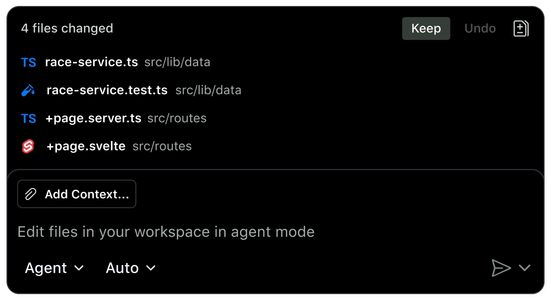 VS Code Copilot agent mode showing 4 files changed with Keep/Undo options and an "Edit files in your workspace in agent mode" prompt.