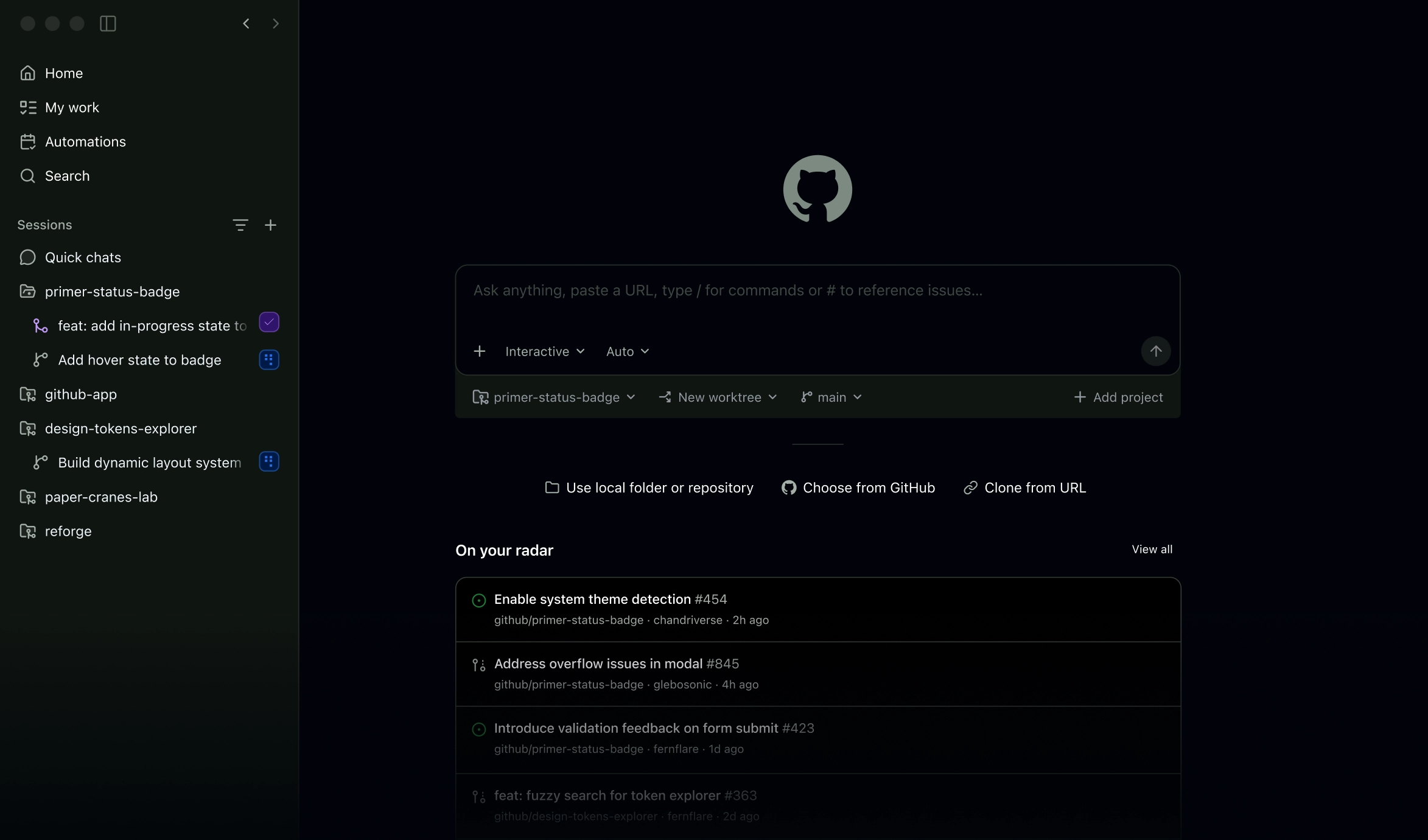 GitHub Copilot App home screen showing sessions, repositories, a prompt box, and recent issues.