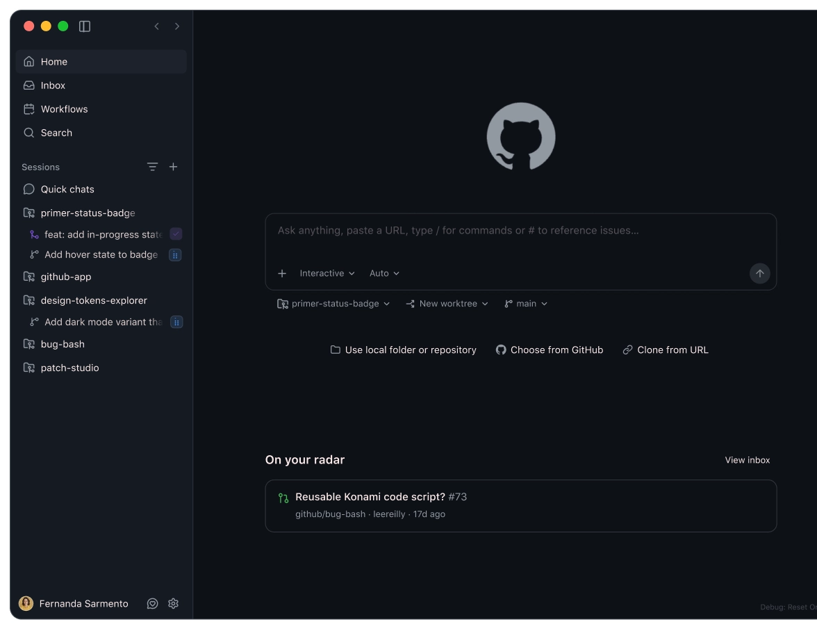 GitHub Copilot desktop app showing a unified workspace for managing repositories, coding sessions, issues, and AI-assisted development workflows.