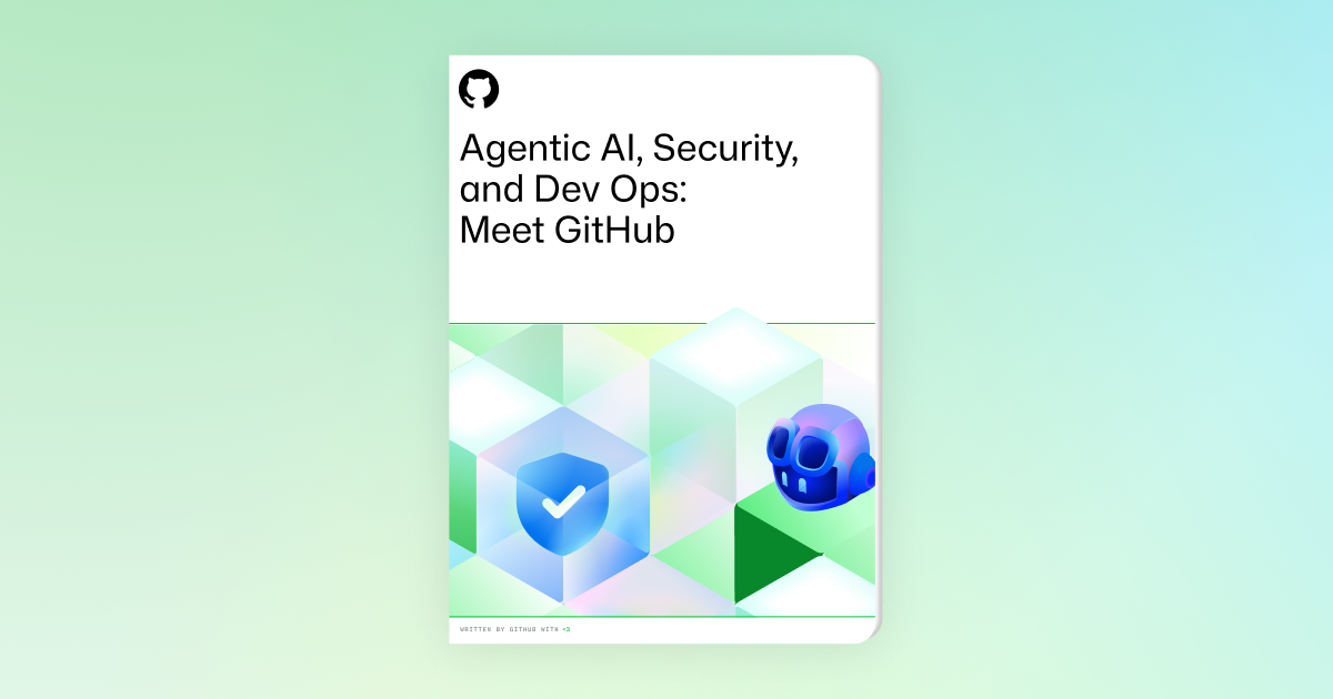 Dark-themed image with GitHub-inspired shapes and illustrations scattered across the background. Foreground text reads: "Generative AI, Security, and DevOps: Meet GitHub," followed by a subheading that says, "Empower your developer teams with the tools they need to work smarter, faster, and more collaboratively." The design emphasizes innovation and teamwork.