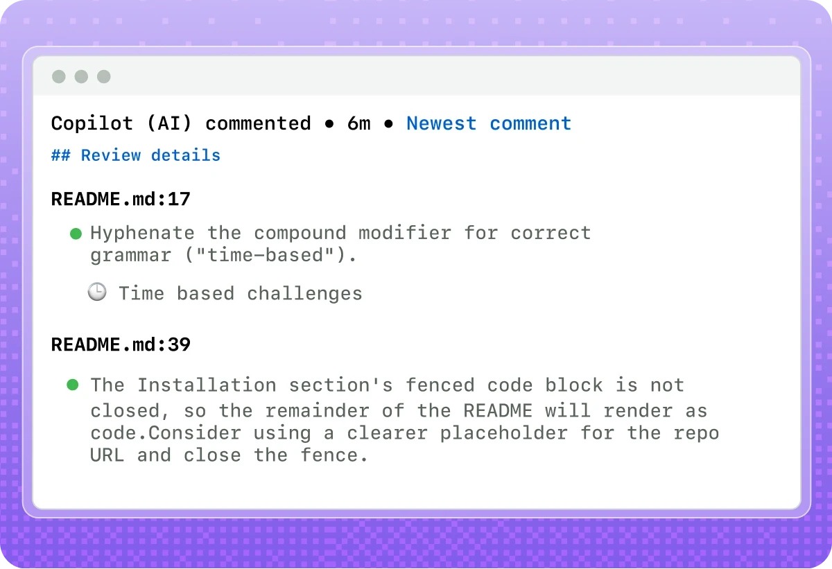 GitHub Copilot CLI review comments identifying grammar and Markdown formatting issues in a README file.