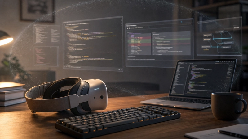 A VR headset beside a keyboard with focused coding windows in the background