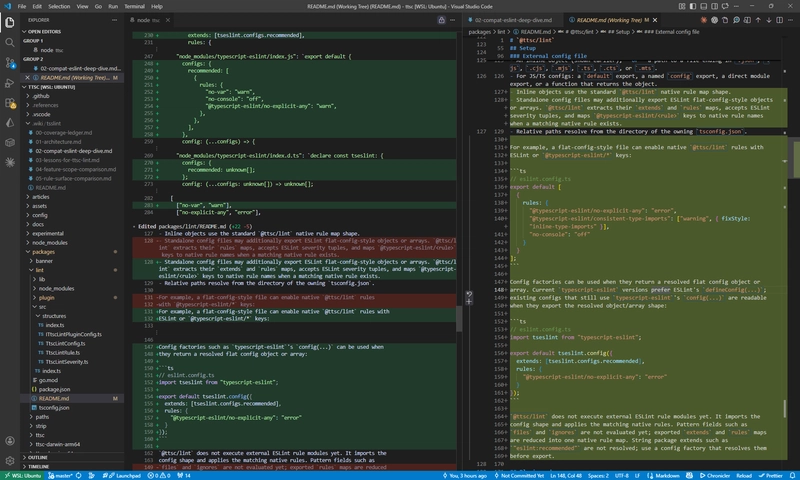 VSCode split view showing an AI coding agent beside the code it is changing