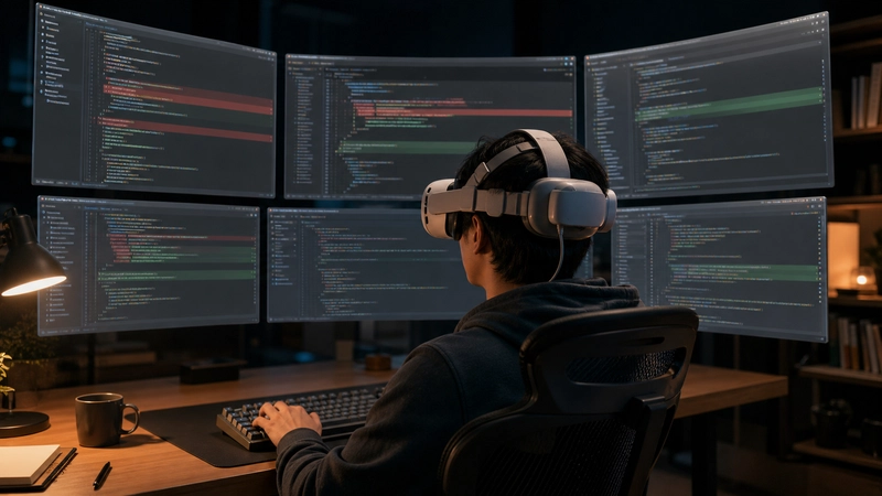 A developer wearing a VR headset and staying immersed among floating coding windows